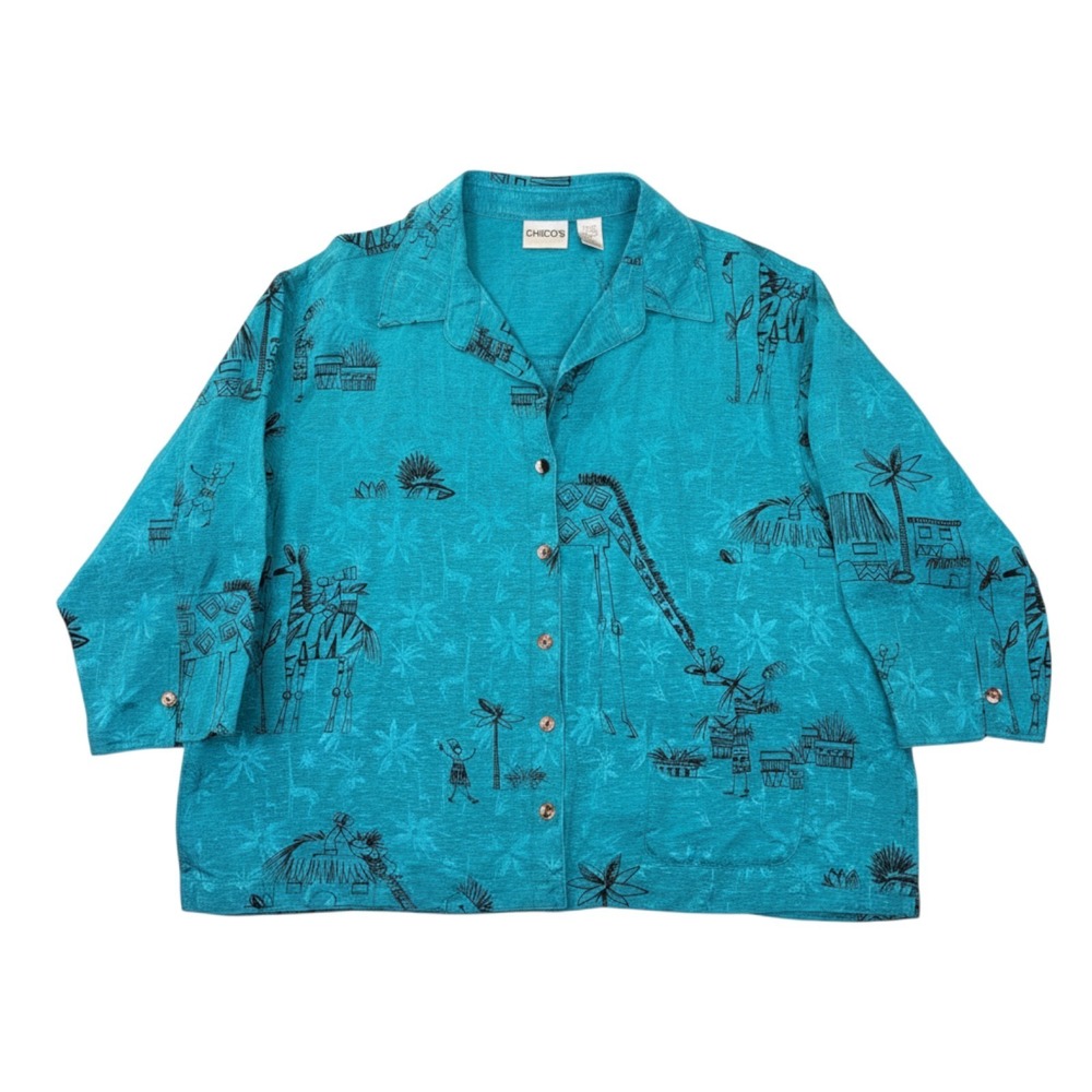VTG Chicos Safari Print Shirt Womens 2 US L Teal Silk Linen 3/4 Sleeve Blouse